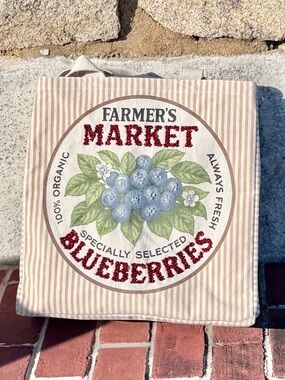 Farmer's Market Beaded Blueberries Canvas Tote Bag - Cream/Blue